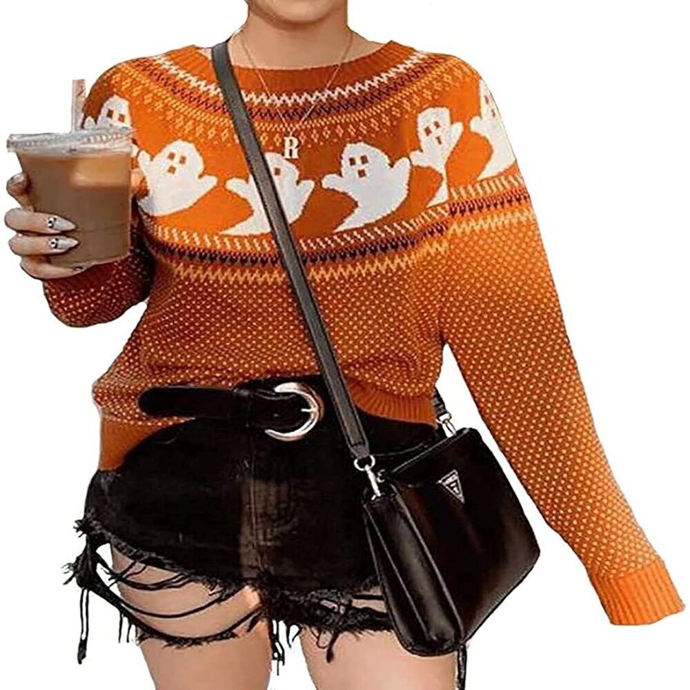 Halloween Knit Sweater Women Ghost Pattern Long Sleeve Gothic Streetwear